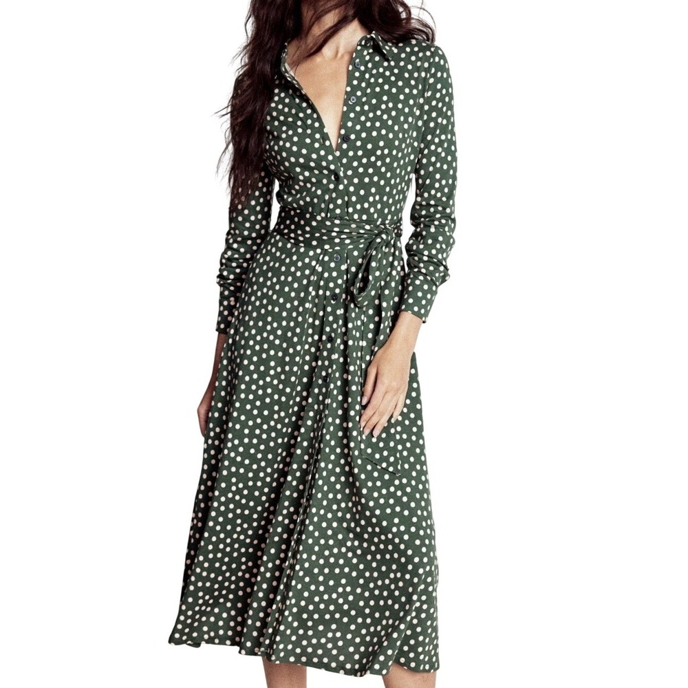 Boden Womens Marcia Jersey Shirt Dress 12R Green Polka Dot Belted Midi Classic